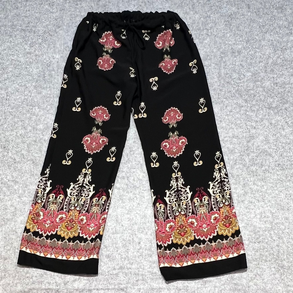 West Kei Womens Medium Wide Leg Pants Black Boho Floral Medallion Drawstring - Picture 2 of 6